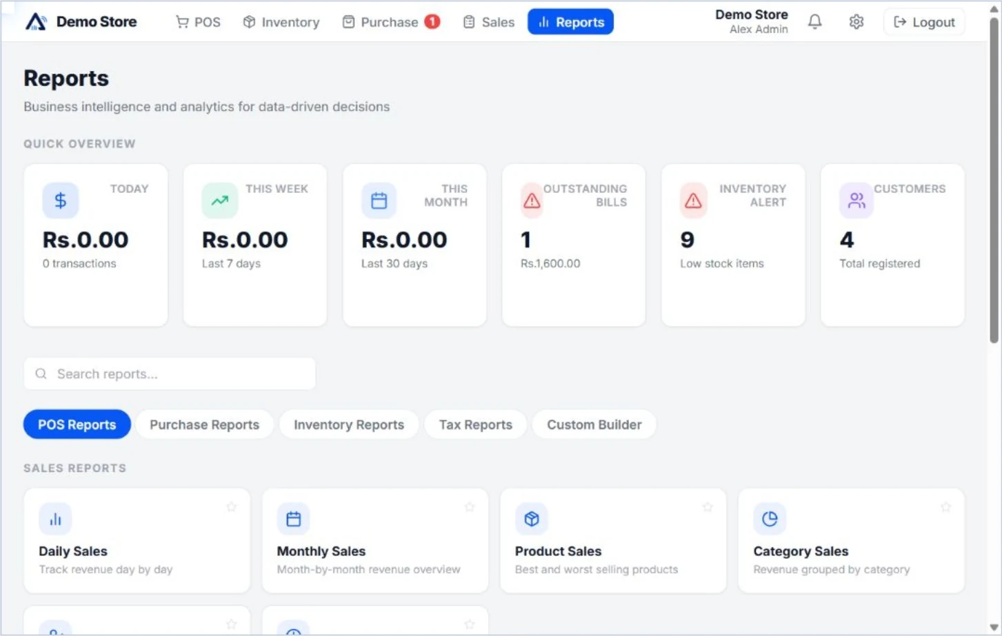 Aroha sales reporting screen for reviewing recorded business activity