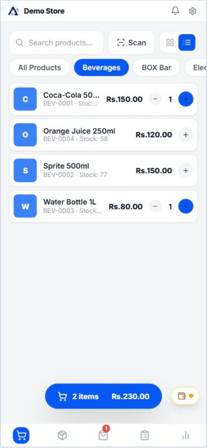 Actual Aroha mobile point of sale interface