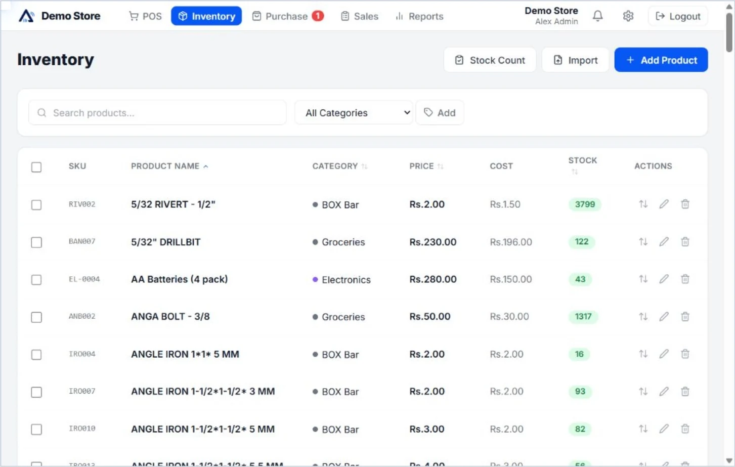 Aroha inventory screen showing the product catalogue and stock management tools